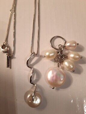 Pilgrim Silver-tone Wave Pendant Necklace with Cream Pearls,and Pearls Pendant